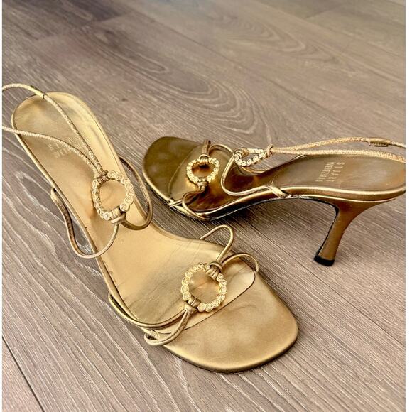 STUART WEITZMAN $299 Women Gold Leather Ice Rink Open Toe‎ Sandals 7.5 - Picture 1 of 6